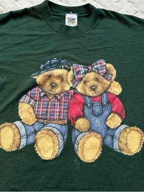 Vintage 1990s Classic Green Polo style Teddy Bear Print T-Shirt L